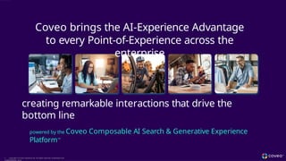Coveo brings the AI-Experience Advantage
to every Point-of-Experience across the
enterprise
4 Copyright © Coveo Solutions Inc. All rights reserved. Proprietary and
CONFIDENTIAL 2024
creating remarkable interactions that drive the
bottom line
powered by the Coveo Composable AI Search & Generative Experience
PlatformTM
 