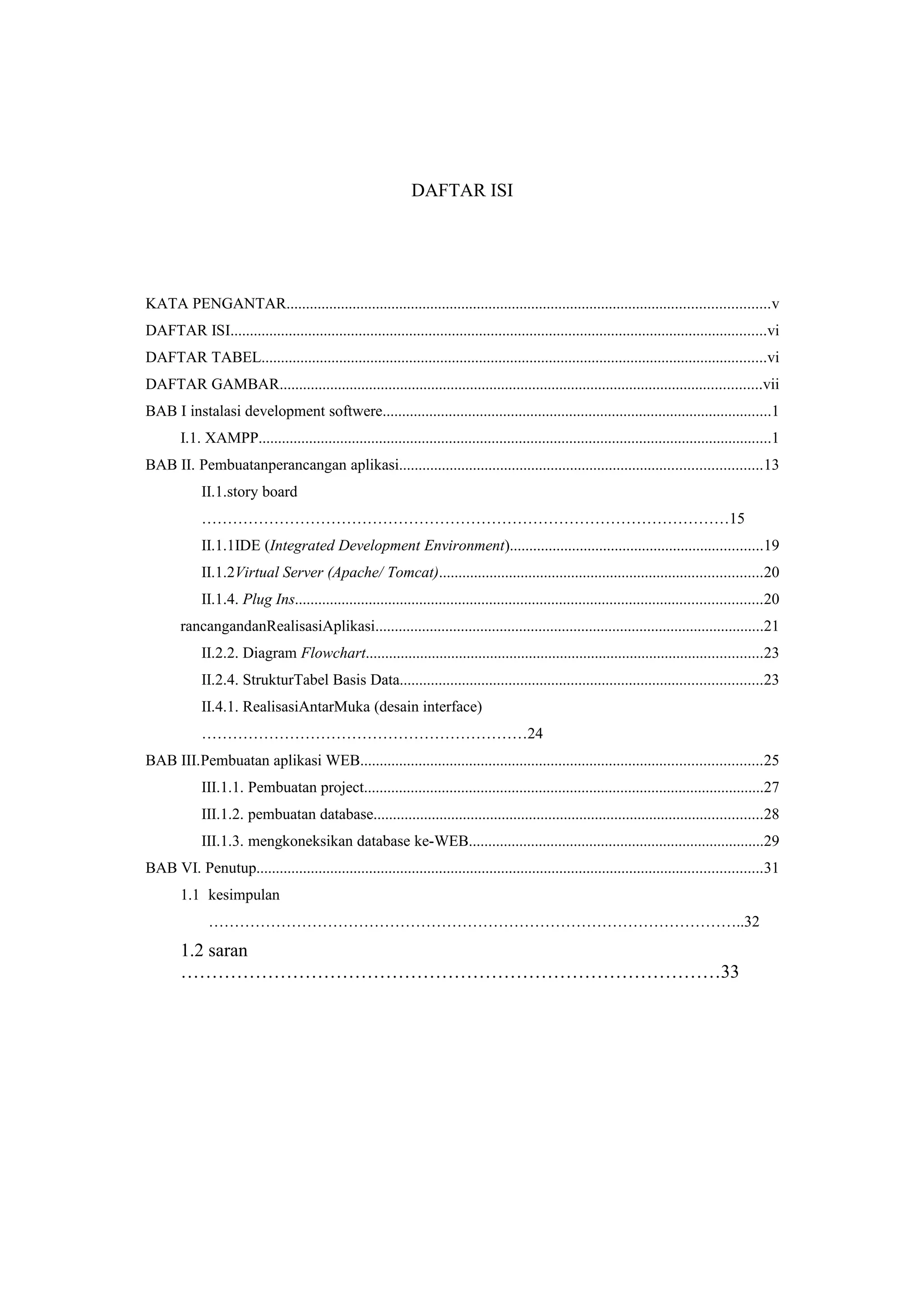 DAFTAR ISI
KATA PENGANTAR............................................................................................................................v
DAFTAR ISI..........................................................................................................................................vi
DAFTAR TABEL..................................................................................................................................vi
DAFTAR GAMBAR............................................................................................................................vii
BAB I instalasi development softwere....................................................................................................1
I.1. XAMPP....................................................................................................................................1
BAB II. Pembuatanperancangan aplikasi.............................................................................................13
II.1.story board
…………………………………………………………………………………………15
II.1.1IDE (Integrated Development Environment).................................................................19
II.1.2Virtual Server (Apache/ Tomcat)...................................................................................20
II.1.4. Plug Ins........................................................................................................................20
rancangandanRealisasiAplikasi....................................................................................................21
II.2.2. Diagram Flowchart......................................................................................................23
II.2.4. StrukturTabel Basis Data.............................................................................................23
II.4.1. RealisasiAntarMuka (desain interface)
………………………………………………………24
BAB III.Pembuatan aplikasi WEB.......................................................................................................25
III.1.1. Pembuatan project.......................................................................................................27
III.1.2. pembuatan database....................................................................................................28
III.1.3. mengkoneksikan database ke-WEB............................................................................29
BAB VI. Penutup..................................................................................................................................31
1.1 kesimpulan
…………………………………………………………………………………………..32
1.2 saran
……………………………………………………………………………33
 