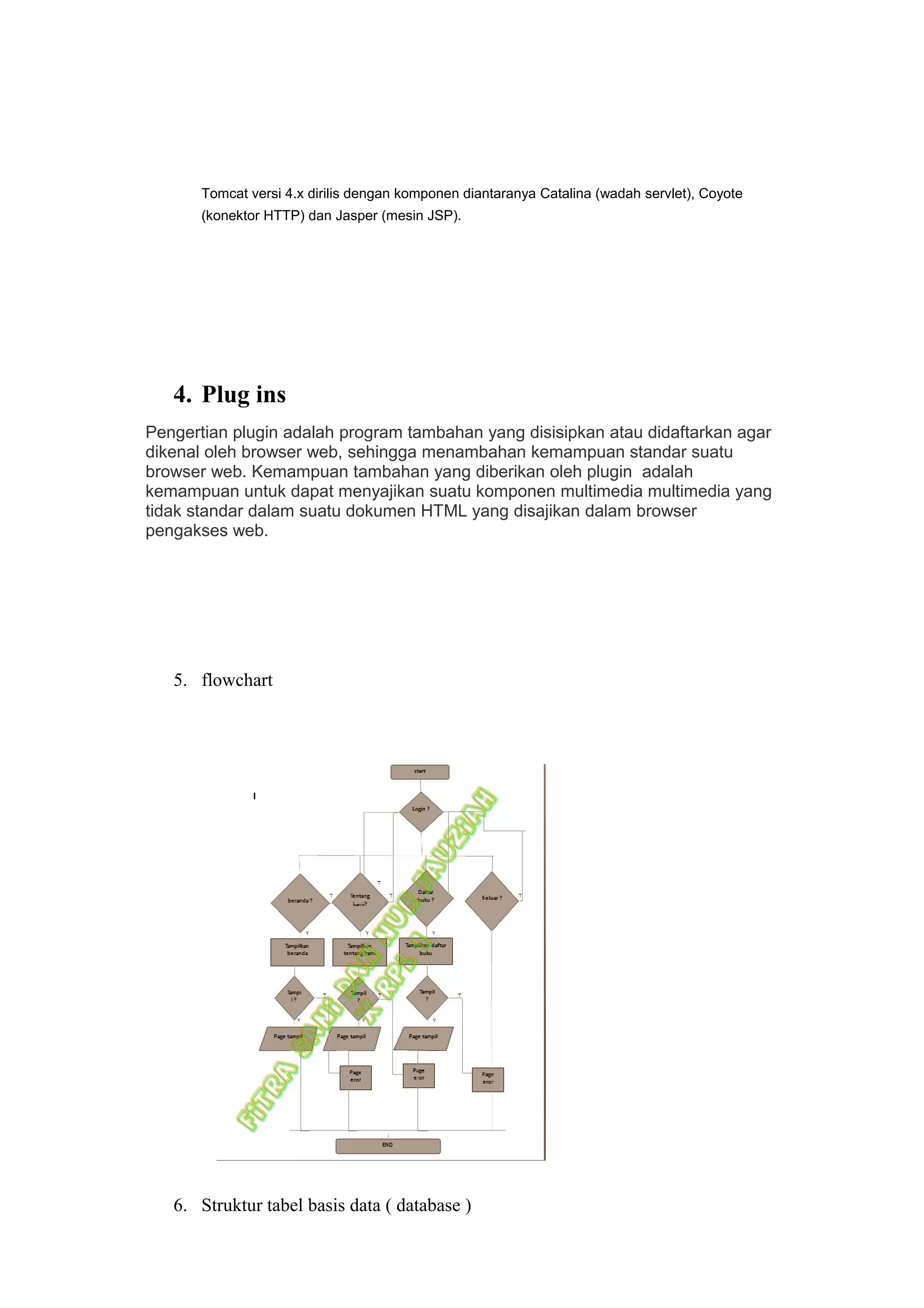 Tomcat versi 4.x dirilis dengan komponen diantaranya Catalina (wadah servlet), Coyote
(konektor HTTP) dan Jasper (mesin JSP).
4. Plug ins
Pengertian plugin adalah program tambahan yang disisipkan atau didaftarkan agar
dikenal oleh browser web, sehingga menambahan kemampuan standar suatu
browser web. Kemampuan tambahan yang diberikan oleh plugin adalah
kemampuan untuk dapat menyajikan suatu komponen multimedia multimedia yang
tidak standar dalam suatu dokumen HTML yang disajikan dalam browser
pengakses web.
5. flowchart
6. Struktur tabel basis data ( database )
 