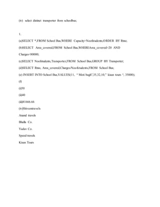 (iv) select distinct transporter from schoolbus;
1.
(a)SELECT *,FROM School Bus,WHERE Capacity>Noofstudents,ORDER BY Rtno;
(b)SELECT Area_covered,FROM School Bus,WHEREArea_covered>20 AND
Charges<80000;
(c)SELECT Noofstudents,Transporter,FROM School Bus,GROUP BY Transporter;
(d)SELECT Rtno, Area_covered,Charges/Noofstudents,FROM School Bus;
(e) INSERT INTO School Bus,VALUES(11, “ Moti bagh”,35,32,10,” kisan tours “, 35000);
(f)
(i)50
(ii)40
(iii)81666.66
(iv)Shivamtravels
Anand travels
Bhalla Co.
Yadav Co.
Speed travels
Kisan Tours
 