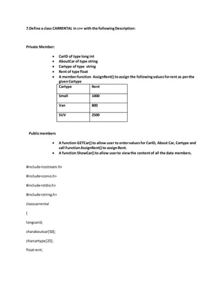 7.Define a class CARRENTAL in c++ with the followingDescription:
Private Member:
 CarID of type long int
 AboutCar of type string
 Cartype of type string
 Rent of type float
 A memberfunction AssignRent() toassign the followingvaluesforrent as perthe
givenCartype
Cartype Rent
Small 1000
Van 800
SUV 2500
Publicmembers
 A function GETCar() to allow user to entervaluesfor CarID, About Car, Cartype and
call FunctionAssignRent() to assignRent.
 A function ShowCar() to allow userto viewthe contentof all the data members.
#include<iostream.h>
#include<conio.h>
#include<stdio.h>
#include<string.h>
classcarrental
{
longcarid;
charaboutcar[50];
charcartype[25];
floatrent;
 