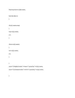 floatmax=0,min=s1[0].marks;
for(i=0;i<20;i++)
{
if(s1[i].marks>max)
{
max=s1[i].marks;
u=i;
}
if(min>s1[i].marks)
{
min=s1[i].marks;
v=i;
}
}
cout<<"nhighestmarks"<<max<<"scored by"<<s1[u].name;
cout<<"nnlowestmarks"<<min<<"scored by"<<s1[v].name;
}
 