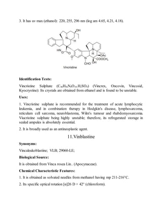 3. It has uv max (ethanol): 220, 255, 296 nm (log am 4.65, 4.21, 4.18).
Identification Tests:
Vincristine Sulphate (C46H56N4O10.H2SO4) (Vincrex, Oncovin, Vincosid,
Kyocrystine): Its crystals are obtained from ethanol and is found to be unstable.
Uses:
1. Vincristine sulphate is recommended for the treatment of acute lymphocytic
leukemia, and in combination therapy in Hodgkin's disease, lymphosarcoma,
reticulum cell sarcoma, neuroblastoma, Wilm's tumour and rhabdomyosarcoma.
Viucristine sulphate being highly unstable; therefore, its refregerated storage in
sealed ampules is absolutely essential.
2. It is broadly used as an antineoplastic agent.
11.Vinblastine
Synonyms:
Vincaleukoblastine; VLB; 29060-LE;
Biological Source:
It is obtained from Vinca rosea Lin.. (Apocynaceae).
Chemical Characteristic Features:
1. It is obtained as solvated needles from methanol having mp 211-216°C.
2. Its specific optical rotation [α]26 D + 42° (chloroform).
 