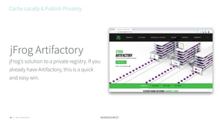 © 2018 NodeSource29
jFrog’s solution to a private registry. If you
already have Artifactory, this is a quick
and easy win.
jFrog Artifactory
Cache Locally & Publish Privately
 