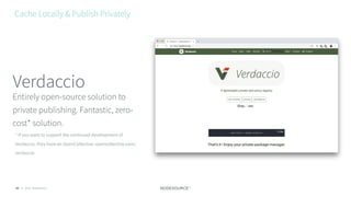 © 2018 NodeSource30
Entirely open-source solution to
private publishing. Fantastic, zero-
cost* solution.
Verdaccio
Cache Locally & Publish Privately
* If you want to support the continued development of
Verdaccio, they have an OpenCollective: opencollective.com/
verdaccio
 