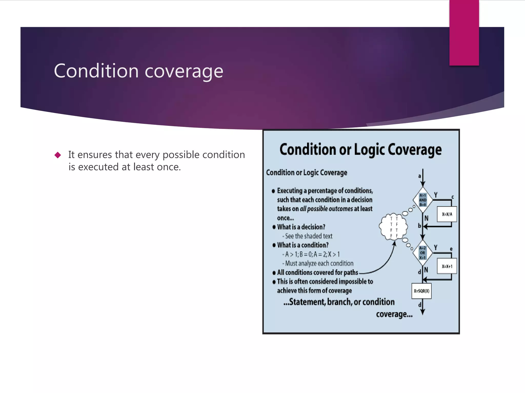 Condition coverage 
 It ensures that every possible condition 
is executed at least once. 
 