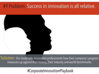 #9 Problem: Success in innovation is all relative.
Solution: Our study asks innovation professionals how their company’s progress
measures up against their history, their industry and world benchmarks.
#CorporateInnovationPlaybook
 