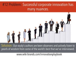 #12 Problem: Successful corporate innovation has
many nuances.
Solution: Our study’s authors are keen observers and actively listen to
pearls of wisdom from some of the world’s best that we’ve interviewed.
www.wiki-brands.com/innovationplaybook
 