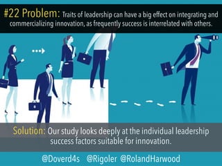 #22 Problem: Traits of leadership can have a big effect on integrating and
commercializing innovation, as frequently success is interrelated with others.
Solution: Our study looks deeply at the individual leadership
success factors suitable for innovation.
@Doverd4s @Rigoler @RolandHarwood
 