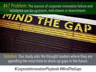 #47 Problem:The sources of corporate innovation failure and
resistance can be upstream, mid-stream or downstream.
Solution: Our study asks the thought leaders where they are
spending the most time to shore up gaps in the future.
#CorporateInnovationPlaybook #MindTheGaps
 