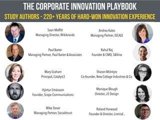 The CORPORATE INNOVATION PlayBOOK
STUDY AUTHORS - 220+ YEARS OF HARD-WON INNOVATION EXPERIENCE
Sean Mofﬁtt
Managing Director,Wikibrands
Andrea Kates
Managing Partner, ISCALE
Paul Barter
Managing Partner, Paul Barter & Associates
Sharon McIntyre
Co-founder, New Cottage Industries & Co.
Rahul Raj
Founder & CMO, 5&Vine
Mary Graham
Principal, Catalyst3
Hjörtur Smárason
Founder, Scope Communications
Monique Blough
Director,J5 Design
Mike Dover
Managing Partner, Socialstruct
Roland Harwood
Founder & Director, Liminal ,
 