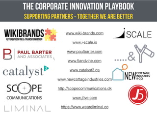The CORPORATE INNOVATION PlayBOOK
SUPPORTING PARTNERS - TOGETHER WE ARE BETTER

WIKIBRANDSFUTUREPROOFING & TRANSFORMATION
www.wiki-brands.com
www.i-scale.io
www.paulbarter.com
www.5andvine.com
www.catalyst3.ca
www.newcottageindustries.com
http://scopecommunications.dk
www.jﬁve.com
https://www.weareliminal.co
 