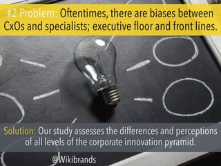 #2 Problem: Oftentimes, there are biases between
CxOs and specialists; executive floor and front lines.
Solution: Our study assesses the differences and perceptions
of all levels of the corporate innovation pyramid.
@Wikibrands
 