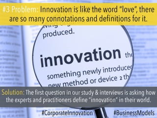 #3 Problem: Innovation is like the word “love”, there
are so many connotations and definitions for it.
Solution:The first question in our study & interviews is asking how
the experts and practitioners define “innovation” in their world.
#CorporateInnovation #BusinessModels
 