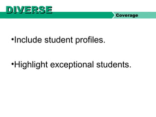 •Include student profiles.
•Highlight exceptional students.
DIVERSEDIVERSE Coverage
 