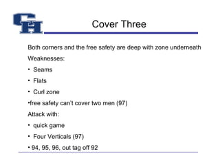 Cover Three Both corners and the free safety are deep with zone underneath Weaknesses: Seams Flats Curl zone free safety can’t cover two men (97) Attack with: quick game Four Verticals (97) 94, 95, 96, out tag off 92 