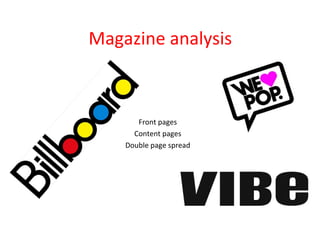 Magazine analysis

Front pages
Content pages
Double page spread

 