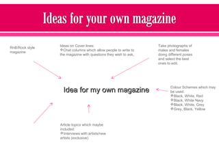 Idea for my own magazineIdea for my own magazine
RnB/Rock style
magazine
Take photographs of
males and females
doing different poses
and select the best
ones to edit.
Colour Schemes which may
be used:
Black, White, Red
Black, White Navy
Black, White, Grey
Grey, Black, Yellow
Ideas on Cover lines:
Chat columns which allow people to write to
the magazine with questions they wish to ask.
Article topics which maybe
included:
Interviews with artists/new
artists (exclusive)
 