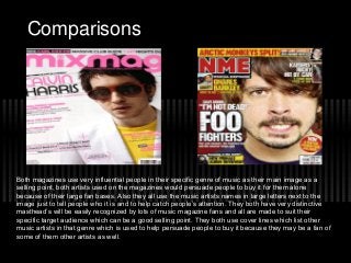 Comparisons
Both magazines use very influential people in their specific genre of music as their main image as a
selling point, both artists used on the magazines would persuade people to buy it for them alone
because of their large fan bases. Also they all use the music artists names in large letters next to the
image just to tell people who it is and to help catch people’s attention. They both have very distinctive
masthead’s will be easily recognized by lots of music magazine fans and all are made to suit their
specific target audience which can be a good selling point. They both use cover lines which list other
music artists in that genre which is used to help persuade people to buy it because they may be a fan of
some of them other artists as well.
 