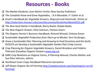 Resources - General
 ATTRA attra.ncat.org Many helpful publications
 SARE sare.org -A searchable database of research fi...