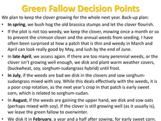 Green Fallow Decision Points
We plan to keep the clover growing for the whole next year. Back-up plan:
• In spring, we bus...