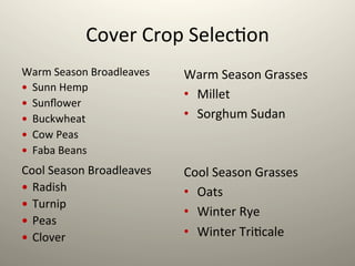 Cover	
  Crop	
  Selec1on	
  
Cool	
  Season	
  Grasses	
  
•  Oats	
  
•  Winter	
  Rye	
  
•  Winter	
  Tri1cale	
  
	
  
Warm	
  Season	
  Grasses	
  
•  Millet	
  
•  Sorghum	
  Sudan	
  
	
  
Cool	
  Season	
  Broadleaves	
  
  Radish	
  
  Turnip	
  
  Peas	
  
  Clover	
  
Warm	
  Season	
  Broadleaves	
  
  Sunn	
  Hemp	
  
  Sunﬂower	
  
  Buckwheat	
  
  Cow	
  Peas	
  
  Faba	
  Beans	
  
	
  
 
