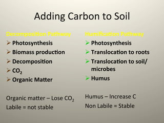 Adding	
  Carbon	
  to	
  Soil	
  
Decomposi)on	
  Pathway	
  	
  
 Photosynthesis	
  
 Biomass	
  produc)on	
  
 Decomposi)on	
  
 CO2	
  
 Organic	
  Ma;er	
  
	
  
Organic	
  ma9er	
  –	
  Lose	
  CO2	
  
Labile	
  =	
  not	
  stable	
  
Humiﬁca)on	
  Pathway	
  
 Photosynthesis	
  	
  
 Transloca)on	
  to	
  roots	
  
 Transloca)on	
  to	
  soil/	
  
microbes	
  
 Humus	
  
	
  
Humus	
  –	
  Increase	
  C	
  
Non	
  Labile	
  =	
  Stable	
  
 