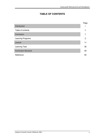 Study Guide Block Growth and Development


                                       TABLE OF CONTENTS


                                                                                   Page
Introduction                                                                          i

Table of contents                                                                    ii

Curriculum                                                                           1

Learning Programs                                                                    2

Lecture                                                                              11

Learning Task                                                                        36

Curriculum Structure                                                                 49

Reference                                                                            50




Udayana University Faculty of Medicine, MEU                                                ii
 
