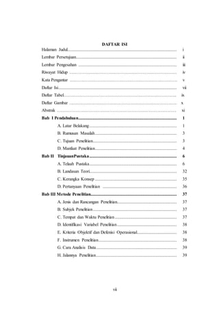 vii
DAFTAR ISI
Halaman Judul................................................................................................... i
Lembar Persetujuan........................................................................................... ii
Lembar Pengesahan ......................................................................................... iii
Riwayat Hidup ………………………………………………………………. iv
Kata Pengantar ………………………………………………………………. v
Daftar Isi........................................................................................................... vii
Daftar Tabel………………………………………………………………….. ix
Daftar Gambar ………………………………………………………………. x
Abstrak ……………………………………………………………………… xi
Bab I Pendahuluan......................................................................................... 1
A. Latar Belakang............................................................................... 1
B. Rumusan Masalah.......................................................................... 3
C. Tujuan Penelitian............................................................................ 3
D. Manfaat Penelitian.......................................................................... 4
Bab II TinjauanPustaka............................................................................... 6
A. Telaah Pustaka............................................................................... 6
B. Landasan Teori............................................................................... 32
C. Kerangka Konsep .......................................................................... 35
D. Pertanyaan Penelitian ................................................................... 36
Bab III Metode Penelitian.............................................................................. 37
A. Jenis dan Rancangan Penelitian...................................................... 37
B. Subjek Penelitian............................................................................ 37
C. Tempat dan Waktu Penelitian........................................................ 37
D. Identifikasi Variabel Penelitian...................................................... 38
E. Kriteria Objektif dan Defenisi Operasional.................................... 38
F. Instrumen Penelitian....................................................................... 38
G. Cara Analisis Data......................................................................... 39
H. Jalannya Penelitian......................................................................... 39
 