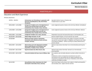 Curriculum Vitae
Maricla Kandzorra
PORTFOLIO I
Education and Work Experience
PDF-files attachments:
- 02/2011 – 06/2013 Fachseminare von Fürstenberg in cooperation with
Deutsche AnwaltAkademie, Köln, North Rhine-
Westphalia
Specialist Solicitor Course in Taxation Law
Certified Exams in June 2013
- 09/01/2008 – 11/31/2008 Amtsgericht Frankfurt a.M. at the Department of
Tenency Law and Real Estate Law (the new
Condominium Act), Francfort, Hesse, Germany
Junior Judgement practice trainee at the Civil Court (Richter Schmalbach)
- 12/01/2008 – 12/31/2008 Amtsgericht Frankfurt a.M. at the Department of
Tenency Law and Real Estate Law (the new
Condominium Act), Francfort Hesse, Germany
Junior Judgement practice trainee at the Civil Court (Richterin Balcker)
- 09/01/2008 – 12/31/2008 Landgericht Frankfurt a.M., Hesse, Germany Preparation Course for the German Bar Exam in Civil Procedure Law
- 06/28/2008 – 08/29/2008 Global Village Honolulu, HI, USA Business English Program, 16 h per week for two months
- 05/28/2008 Ministry of Justice of Hesse, Examination
Commission of the Ministry of Justice of Hesse,
Francfort, Germany
First Law Exam with the primary main subject in Economic and Labor
Law and the second main subject in Obligation and Property Law, Grade
of 6.8 (kleines Prädikat) – without counting my studies abroad and my
practice abroad
- 09/01/2004 – 10/15/2004 Allen & Overy LLP at the Department of Global
Equity Capital Markets and of Mergers and
Acquisitions, Frankfurt, Hesse, Germany
Optional study trainee Internship II at an internationally practicing law
firm
- 07/26/1999 – 09/17/1999 HypoVereinsbank AG, Milan Branch, Italy Optional study trainee Internship I abroad at an internationally
practicing Bank
- 09/15/1998 – 06/15/1999 Università Cattolica Del Sacro Cuore di Milano, Italy One academic year of studies abroad at a private catholic University in
law:
Certifications made in Comparative Constitutional Law and in
International Law; both graded with the highest graduation and
recognized as equivalent to the German Certification of the Goethe
University of Frankfurt am Main
- 06/13/1994 Georg-Büchner-Schule, Gymnasium der Stadt
Darmstadt in Darmstadt, Hesse, Germany
High School Degree with primary main subjects in Math and Geopolitics
and secondary main subjects German and Arts
 