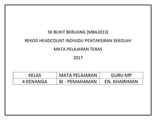 SK BUKIT BERUANG [MBA2013]
REKOD HEADCOUNT INDIVIDU PENTAKSIRAN SEKOLAH
MATA PELAJARAN TERAS
2017
KELAS MATA PELAJARAN GURU MP
4 KENANGA BI - PEMAHAMAN EN. KHAIRIMAN
 