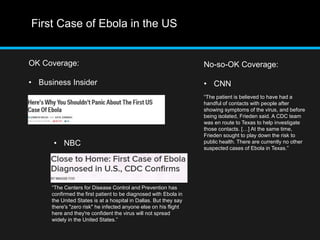 First Case of Ebola in the US 
OK Coverage: 
• Business Insider 
No-so-OK Coverage: 
• CNN 
“The patient is believed to have had a 
handful of contacts with people after 
showing symptoms of the virus, and before 
being isolated, Frieden said. A CDC team 
was en route to Texas to help investigate 
those contacts. […] At the same time, 
Frieden sought to play down the risk to 
public health. There are currently no other 
suspected cases of Ebola in Texas.” 
• NBC 
“The Centers for Disease Control and Prevention has 
confirmed the first patient to be diagnosed with Ebola in 
the United States is at a hospital in Dallas. But they say 
there's "zero risk" he infected anyone else on his flight 
here and they're confident the virus will not spread 
widely in the United States.” 
 