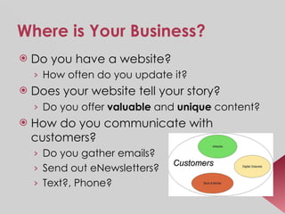 Where is Your Business? Do you have a website? How often do you update it? Does your website tell your story? Do you offer  valuable  and  unique  content? How do you communicate with customers? Do you gather emails? Send out eNewsletters? Text?, Phone? 