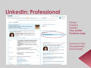 LinkedIn: Professional Groups Answers Updates Your profile Company page Connect in time, Geographically, Exponentially … 