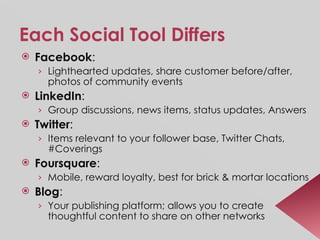 Each Social Tool Differs Facebook :  Lighthearted updates, share customer before/after, photos of community events LinkedIn :  Group discussions, news items, status updates, Answers Twitter :  Items relevant to your follower base, Twitter Chats, #Coverings Foursquare : Mobile, reward loyalty, best for brick & mortar locations Blog : Your publishing platform; allows you to create thoughtful content to share on other networks 