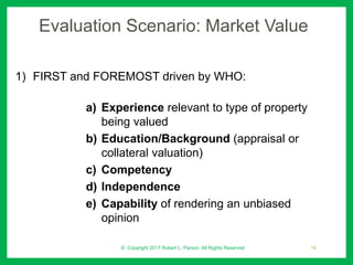 Evaluation Scenario: Market Value
1) FIRST and FOREMOST driven by WHO:
a) Experience relevant to type of property
being valued
b) Education/Background (appraisal or
collateral valuation)
c) Competency
d) Independence
e) Capability of rendering an unbiased
opinion
© Copyright 2017 Robert L. Parson. All Rights Reserved 19
 