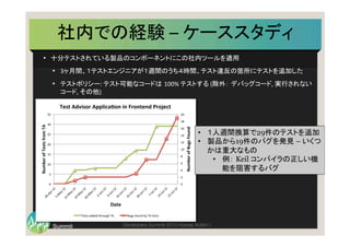 Summit
Developers
Developers Summit 2013 Kansai Action ! 
社内での経験	
  –	
  ケーススタディ	
  
•  十分テストされている製品のコンポーネントにこの社内ツールを適用	
  
•  3ヶ月間、１テストエンジニアが１週間のうち４時間、テスト違反の箇所にテストを追加した	
  
•  テストポリシー:	
  テスト可能なコードは 100%	
  テストする	
  (除外： デバッグコード,	
  実行されない
コード,	
  その他)	
  
0"
2"
4"
6"
8"
10"
12"
14"
16"
18"
20"
0"
5"
10"
15"
20"
25"
30"
35"
28*Apr*12"5*M
ay*12"12*M
ay*12"19*M
ay*12"26*M
ay*12"
2*Jun*12"
9*Jun*12"16*Jun*12"23*Jun*12"30*Jun*12"
7*Jul*12"14*Jul*12"21*Jul*12"
Number'of'Bugs'Found'
Number'of'Tests'from'TA'
Date'
Test'Advisor'Applica:on'in'Frontend'Project'
Tests"added"through"TA" Bugs"found"by"TA"tests"
•  １人週間換算で29件のテストを追加
•  製品から19件のバグを発見 – いくつ
かは重大なもの
•  例： Keil コンパイラの正しい機
能を阻害するバグ
3
2
 