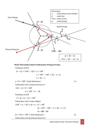 9Kapita Selekta Fisika “Fenomena Pelangi”
Model Matematika dalam Pembentukan Pelangi Pertama
Perhatikan ∆ 𝐵𝐶𝐷
( 𝛼 − 𝛽) + (180°
− 2𝛽) + γ = 180°
γ = 180°
− 180°
+ 2𝛽 − 𝛼 + 𝛽
γ = 3𝛽 − 𝛼
γ + θ = 180°
( Sudut Berpelurus ) (1)
Subtitusikan nilai γ pada persamaan (1)
(3𝛽 − 𝛼) + θ = 180°
θ = 180°
+ 𝛼 − 3𝛽
Perhatikan ∆ 𝐴𝐷𝐸
𝜃 + ф + ( 𝛼 − 𝛽) = 180°
Subitusikan nilai θ, maka didapat:
(180°
+ 𝛼 − 3𝛽) + ф + 𝛼 − 𝛽 = 180°
ф = 180°
− 180°
− 𝛼 + 3𝛽 − 𝛼 + 𝛽
ф = 𝟒𝜷 − 𝟐𝜶
ф + T( 𝛼) = 180°
( Sudut Berpelurus ) (2)
Subtitusikan nilai ф pada persamaan (2)
𝜶
𝜶
𝜷
𝜷
𝜷
𝜷
(𝜶 − 𝜷)
(𝜶 − 𝜷)
C
A
B
D
E
𝐓(𝛂)
(𝟏𝟖𝟎°
− 𝟐𝜷)
𝛉
𝛄
ф
Sudut Pelangi
Sinar Datang
Menuju Pengamat
Keterangan:
𝛼 : sudut datang sinar matahari
𝛽 : sudut bias
𝑇( 𝛼) : sudut deviasi
ф : sudut pelangi
ф = 4𝛽 − 2𝛼
T( 𝛼) = 180°
− 4𝛽 + 2𝛼
 