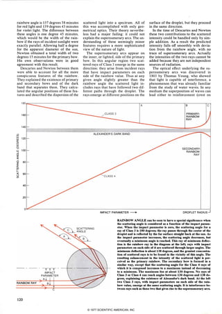 rainbow angle is 137 degrees 58 minutes
for red light and 139 degrees 43 minutes
for violet light. The difference between
these angles is one degree 45 minutes.
which would be the width of the rain­
bow if the rays of incident sunlight were
exactly parallel. Allowing half a degree
for the apparent diameter of the sun.
Newton obtained a total width of two
degrees 15 minutes for the primary bow.
His own observations were in good
agreement with this result.
Descartes and Newton between them
were able to account for all the more
conspicuous features of the rainbow.
They explained the existence of primary
and secondary bows and of the dark
band that separates them. They calcu­
lated the angular positions of these fea­
tures and described the dispersion of the
scattered light into a spectrum. All of
this was accomplished with only geo­
metrical optics. Their theory neverthe­
less had a major failing: it could not
explain the supernumerary arcs. The un­
derstanding of these seemingly minor
features requires a more sophisticated
view of the nature of light.
The supernumerary arcs appear on
the inner. or lighted. side of the primary
bow. In this angular region two scat­
tered rays of Class 3 emerge in the same
direction; they arise from incident rays
that have impact parameters on each
side of the rainbow value. Thus at any
given angle slightly greater than the
rainbow angle the scattered light in­
cludes rays that have followed two dif­
ferent paths through the droplet. The
rays emerge at different positions on the
surface of the droplet. but they proceed
in the same direction.
In the time of Descartes and Newton
these two contributions to the scattered
intensity could be handled only by sim­
ple addition. As a result the predicted
intensity falls off smoothly with devia­
tion from the rainbow angle. with no
trace of supernumerary arcs. Actually
the intensities of the two rays cannot be
added because they are not independent
sources of radiation.
The optical effect underlying the su­
pernumerary arcs was discovered in
1 803 by Thomas Young. who showed
that light is capable of interference. a
phenomenon that was already familiar
from the study of water waves. In any
medium the superposition of waves can
lead either to reinforcement (crest on
180�=- ------------------------------------------------------.- --------------------� ----------
.-,
160
140$w
120w
II:
<!l
w
e.w 100...J
<!l
Z
<I:
<!l 80z
((w
1=<I: 60u
CIl
40
20
0
RAINBOW RAY
120
ALEXANDER'S DARK BAND
IMPACT PARAMETER �
B C
PRIMARY­
RAINBOW
RAY
SECONDARY­
RAINBOW
RAY
DROPLET RADIUS -.J
RAINBOW ANGLE can be seen to have a special significance when
the scattering angle is considered as a function of the impact param­
eter. When the impact parameter is zero, the scattering angle for a
ray of Class 3 is 180 degrees; the ray passes through the center of the
droplet and is reflected by the far surface straight back at the sun. As
the impact parameter increases, the scattering angle decreases, but
eventually a minimum angle is reached. This ray of minimum deflec­
tion is the rainbow ray in the diagram at the left; rays with impact
parameters on each side of it are scattered through larger angles. The
minimum deflection is about 138 degrees, and the greatest concentra­
tion of scattered rays is to be found in the vicinity of this angle. The
resulting enhancement in the intensity of the scattered light is per­
ceived as the primary rainbow. The secondary bow is formed in a
similar way, except that the scattering angle for the Class 4rays of
which it is composed increases to a maximum instead of decreasing
to a minimum. The maximum lies at about 130 degrees. No rays of
Class 3 or Class 4can reach angles between 130 degrees and 138 de­
grees, explaining the existence of Alexander's dark band. At the left
two Class 3 rays, with impact parameters on each side of the rain­
bow value, emerge at the same scattering angle. It is interference be­
tween rays such as these two that gives rise to the supernumerary arcs.
© 1977 SCIENTIFIC AMERICAN, INC
 