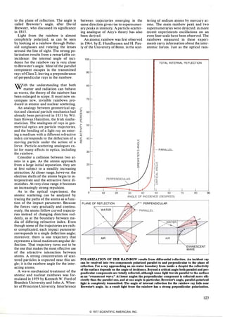 to the plane of reflection. The angle is
called Brewster's angle, after David
Brewster, who discussed its significance
in 1815.
Light from the rainbow is almost
completely polarized, as can be seen
by looking at a rainbow through Polar­
oid sunglasses and rotating the lenses
around the line of sight. The strong po­
larization results from a remarkable co­
incidence: the internal angle of inci­
dence for the rainbow ray is very close
to Brewster's angle. Most of the parallel
component escapes in the transmitted
rays of Class 2, leaving a preponderance
of perpendicular rays in the rainbow.
With the understanding that both
matter and radiation can behave
as waves, the theory of the rainbow has
been enlarged in scope. It must now en­
compass new, invisible rainbows pro­
duced in atomic and nuclear scattering.
An analogy between geometrical op­
tics and classical particle mechanics had
already been perceived in 1831 by Wil­
liam Rowan Hamilton, the Irish mathe­
matician. The analogues of rays in geo­
metrical optics are particle trajectories,
and the bending of a light ray on enter­
ing a medium with a different refractive
index corresponds to the deflection of a
moving particle under the action of a
force. Particle-scattering analogues ex­
ist for many effects in optics, including
the rainbow.
Consider a collision between two at­
oms in a gas. As the atoms approach
from a large initial separation, they are
at first subject to a steadily increasing
attraction. At closer range, however, the
electron shells of the atoms begin to in­
terpenetrate and the attractive force di­
minishes. At very close range it becomes
an increasingly strong repulsion.
As in the optical experiment, the
atomic scattering can be analyzed by
tracing the paths of the atoms as a func­
tion of the impact parameter. Because
the forces vary gradually and continu­
ously, the atoms follow curved trajecto­
ries instead of changing direction sud­
denly, as at the boundary between me­
dia of differing refractive index. Even
though some of the trajectories are rath­
er complicated, each impact parameter
corresponds to a single deflection angle;
moreover, there is one trajectory that
represents a local maximum angular de­
flection. That trajectory turns out to be
the one that makes the most effective use
of the attractive interaction between
atoms. A strong concentration of scat­
tered particles is expected near this an­
gle; it is the rainbow angle for the inter­
acting atoms.
A wave-mechanical treatment of the
atomic and nuclear rainbows was for­
mulated in 1959 by Kenneth W. Ford of
Brandeis University and John A. Whee­
ler of Princeton University. Interference
between trajectories emerging in the
same direction gives rise to supernumer­
ary peaks in intensity. A particle-scatter­
ing analogue of Airy's theory has also
been derived.
An atomic rainbow was first observed
in 1964, by E. Hundhausen and H. Pau­
ly of the University of Bonn, in the scat-
100
90
80
70i='z 60w
()0: '
w
eo.>- 50f-
;;i=()w
-' 40LL
WW
0: -'ClZ<I:30 (/)
Cr:w
f-
(/)
�20 w
0:
en
II10 I
0 10 20
tering of sodium atoms by mercury at­
oms. The main rainbow peak and two
supernumeraries were detected; in more
recent experiments oscillations on an
even finer scale have been observed. The
rainbows measured in these experi­
ments carry information about the inter­
atomic forces. Just as the optical rain-
TOTAL INTERNAL REFLECTION
PARALLEL
90PLANE OF REFLECTION - PERPENDICULAR
WATER
AIR
EVANESCENT
WAVE
POLARIZATION OF THE RAINBOW results from differential reflection. An incident ray
can be resolved into two components polarized parallel to and perpendicular to the plane of
reflection. For a ray approaching an air-water bouudary from inside a droplet the reflectivity
of the surface depends ou the angle of incidence. Beyond a critical angle both parallel and per­
pendicular components are totally reflected, although some light travels parallel to the surface
as an "evanescent wave." At lesser angles the perpendicular component is reflected more effi­
ciently than the parallel one, and at one augle in particular, Brewster's angle, parallel-polarized
light is completely transmitted. The angle of internal reflection for the rainbow ray falls near
Brewster's angle. As a result light from the rainbow has a strong perpendicular polarization.
123
© 1977 SCIENTIFIC AMERICAN, INC
 