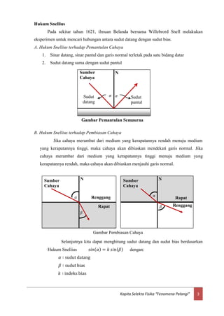 3Kapita Selekta Fisika “Fenomena Pelangi”
Hukum Snellius
Pada sekitar tahun 1621, ilmuan Belanda bernama Willebrord Snell melakukan
eksperimen untuk mencari hubungan antara sudut datang dengan sudut bias.
A. Hukum Snellius terhadap Pemantulan Cahaya
1. Sinar datang, sinar pantul dan garis normal terletak pada satu bidang datar
2. Sudut datang sama dengan sudut pantul
B. Hukum Snellius terhadap Pembiasan Cahaya
Jika cahaya merambat dari medium yang kerapatannya rendah menuju medium
yang kerapatannya tinggi, maka cahaya akan dibiaskan mendekati garis normal. Jika
cahaya merambat dari medium yang kerapatannya tinggi menuju medium yang
kerapatannya rendah, maka cahaya akan dibiaskan menjauhi garis normal.
Selanjutnya kita dapat menghitung sudut datang dan sudut bias berdasarkan
Hukum Snellius 𝑠𝑖𝑛( 𝛼) = 𝑘 𝑠𝑖𝑛( 𝛽) dengan:
𝛼 ∶ sudut datang
𝛽 ∶ sudut bias
𝑘 ∶ indeks bias
𝛽
x
𝛼
x
Sumber
Cahaya
Renggang
Rapat
N
𝛽
x
α
Sumber
Cahaya
Rapat
Renggang
N
Gambar Pembiasan Cahaya
𝛼
x
Sumber
Cahaya
N
𝛼
x
Sudut
datang
Sudut
pantul
Gambar Pemantulan Sempurna
 