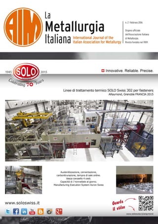 SOLO Swiss Cover on the italian magazine La Metallurgia Italiana February 2016