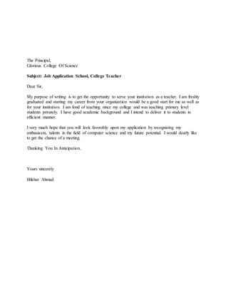 application letter for teacher fresh graduate without experience