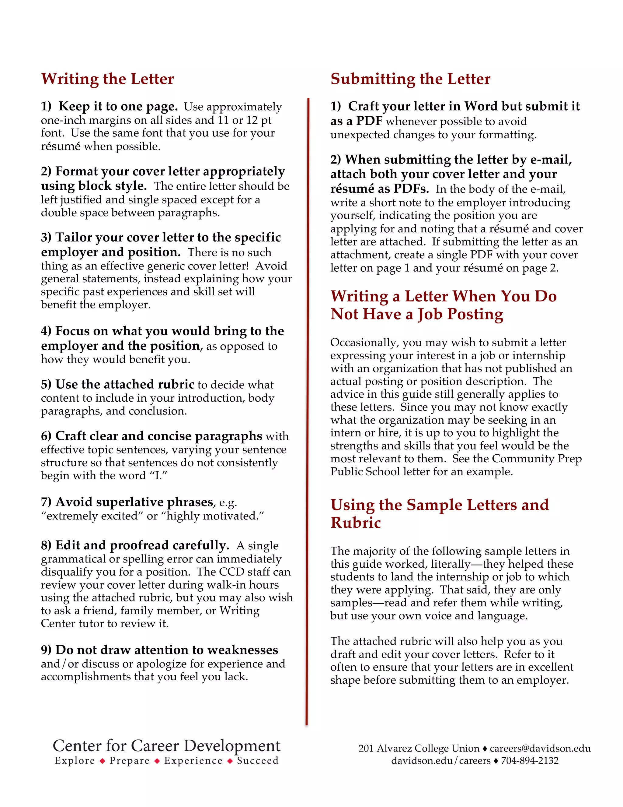 Davidson College Cover Letter Guide | PDF