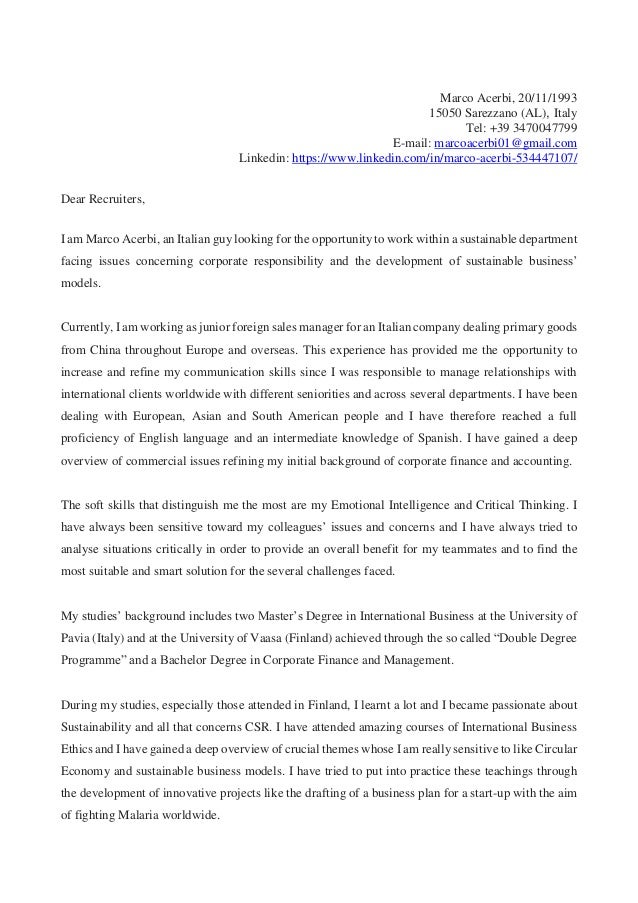 Writing a good motivation letter takes time, so make sure you methodically work through the steps to make yours the best possible. Cover Letter Marco Acerbi 2018