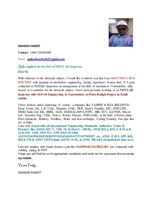 Ndt Inspector Cover Letter cover letter of mahesh pandit for ndt l iii Ndt Inspector Cover Letter cover letter of mahesh pandit for ndt l iii