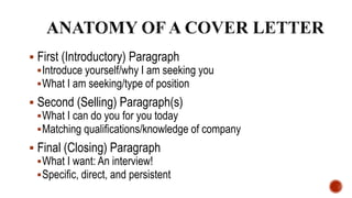  First (Introductory) Paragraph
Introduce yourself/why I am seeking you
What I am seeking/type of position
 Second (Selling) Paragraph(s)
What I can do you for you today
Matching qualifications/knowledge of company
 Final (Closing) Paragraph
What I want: An interview!
Specific, direct, and persistent
 