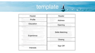 template
Header HeaderHeader
Profile
Education
Experience
Interests
Header
Address
Opening
Skills Matching
Closing
Sign Off
 