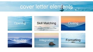 cover letter elements
Opening Skill Matching Closing
Branding Integration Formatting
 