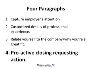 Four Paragraphs Capture employer’s attention Customized details of professional experience. Relate yourself to the company/why you’re a great fit. Pro-active closing requesting action. 